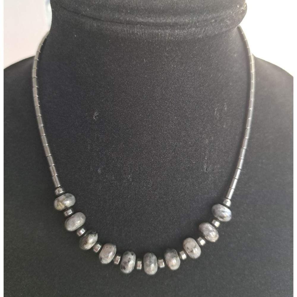Fashion Jewelry Necklace Gemstone Beaded Larvikite Hematite Magnetic Clasp